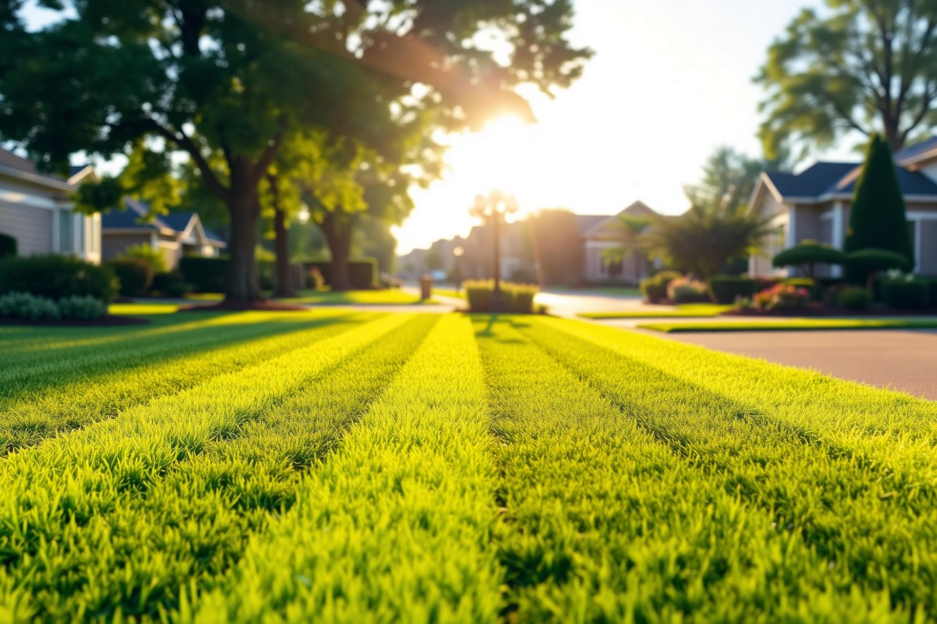 A residential lawn after a fresh mow